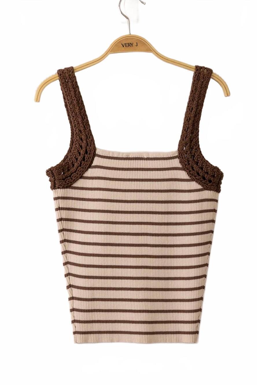 NEW VERY J women's crochet sleeve striped knit tank top in brown